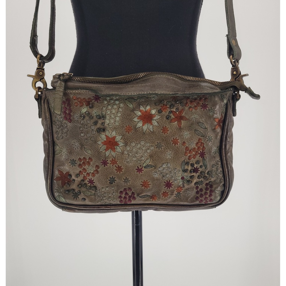 Latico Leathers Floral Embossed Leather Crossbody Bag Olive Bronze Boho